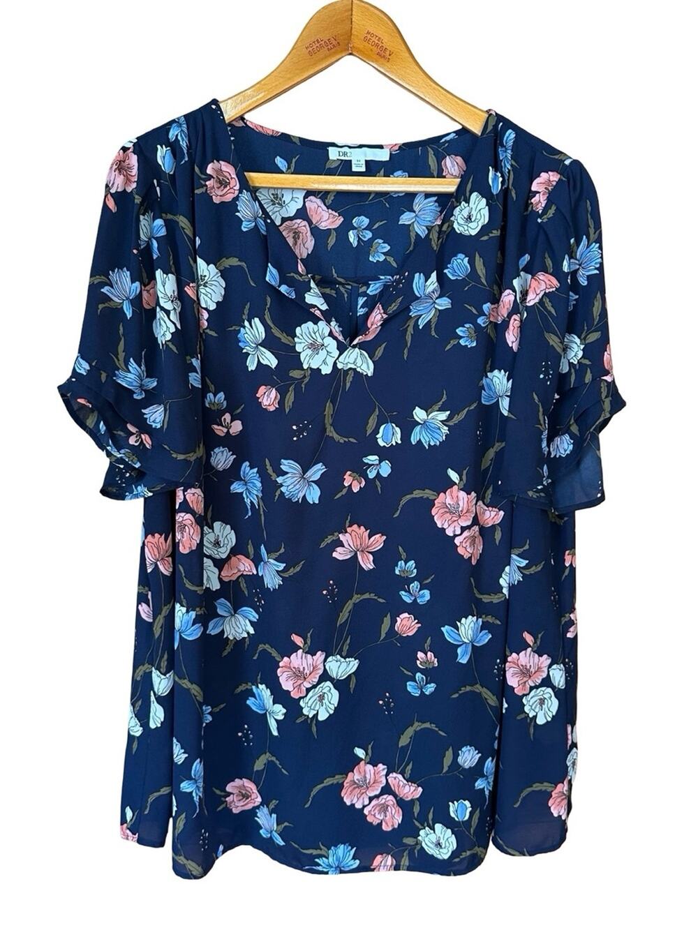 DR2 Blue Floral Split Neck Short Sleeved Blouse 3X
